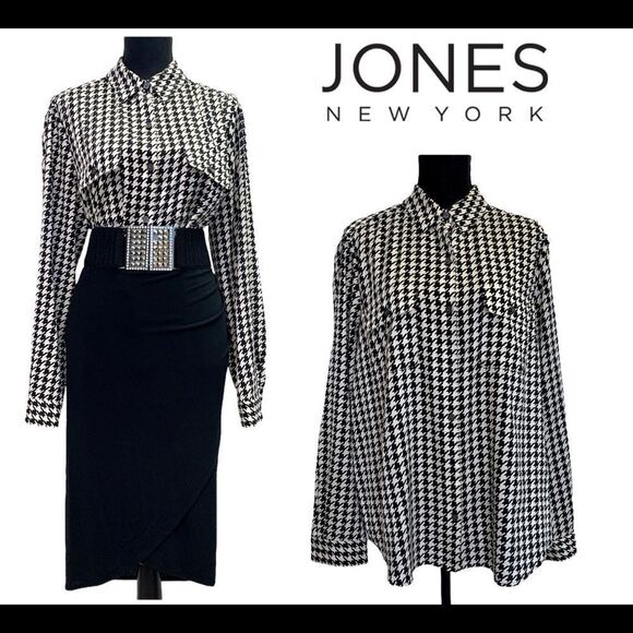 Jones New York collection houndstooth button front blouse black white Sz14 NWOT - Picture 1 of 10